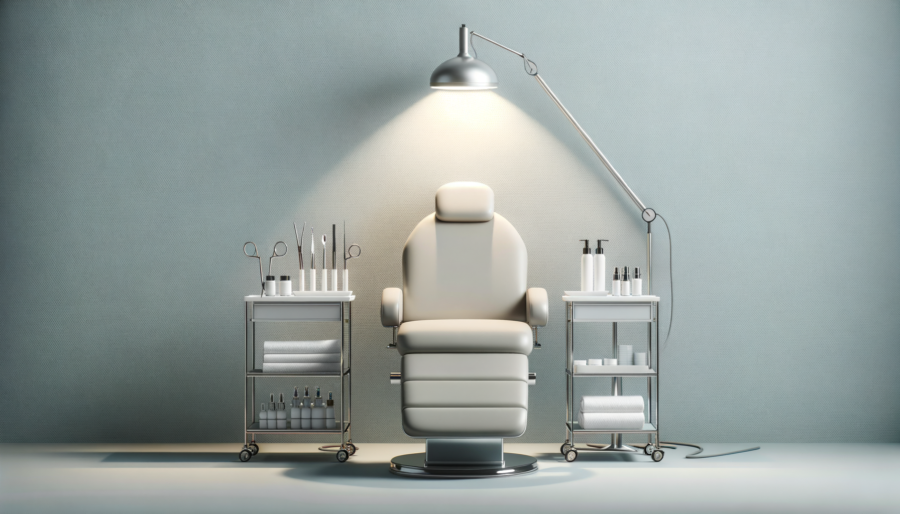 An empty medical or dental chair in a clinical setting, illuminated by an overhead lamp, with medical tools and supplies on carts on either side.