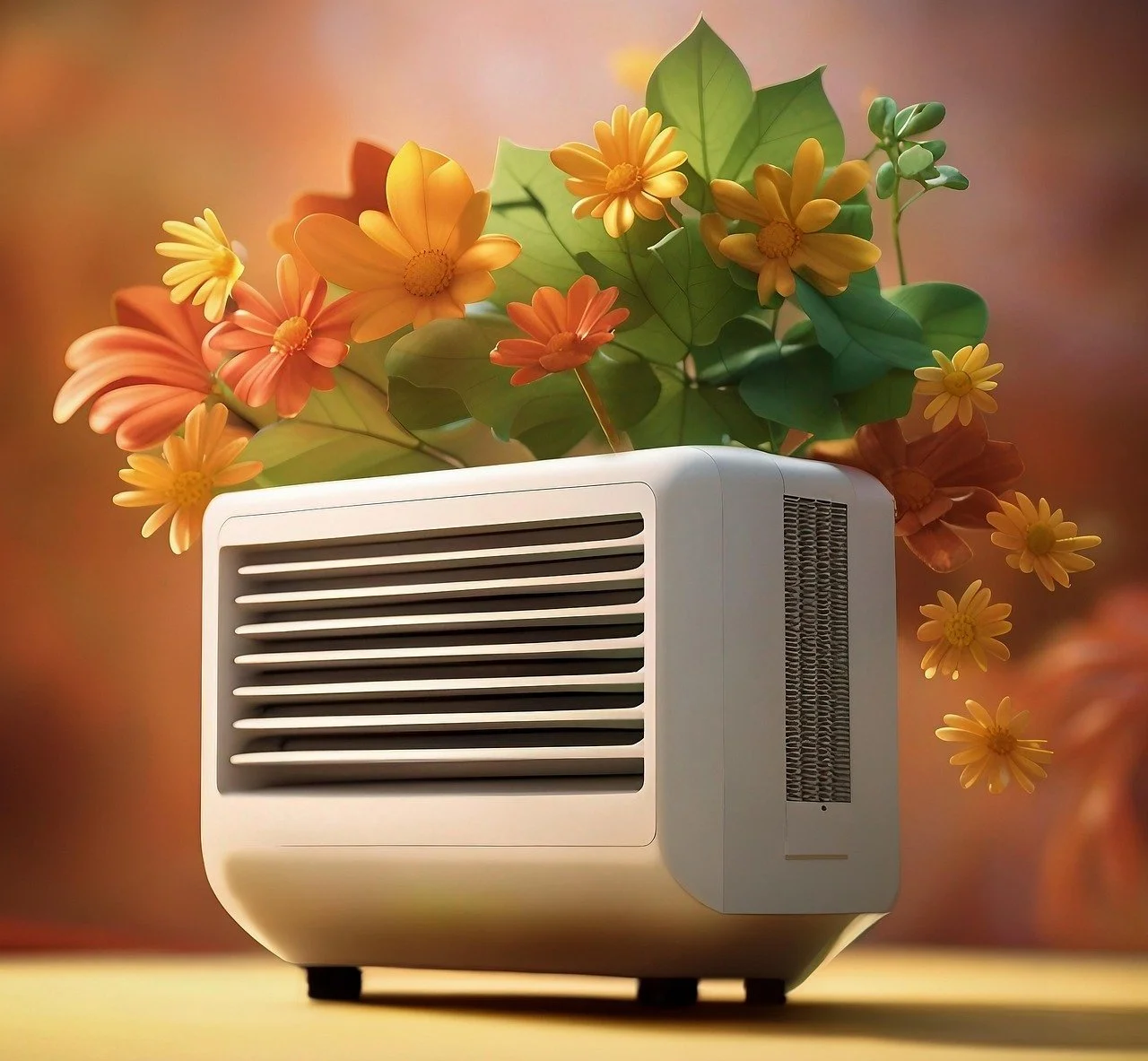 A portable air conditioner with orange and yellow flowers and green leaves coming out of it, against a blurred warm-toned background.