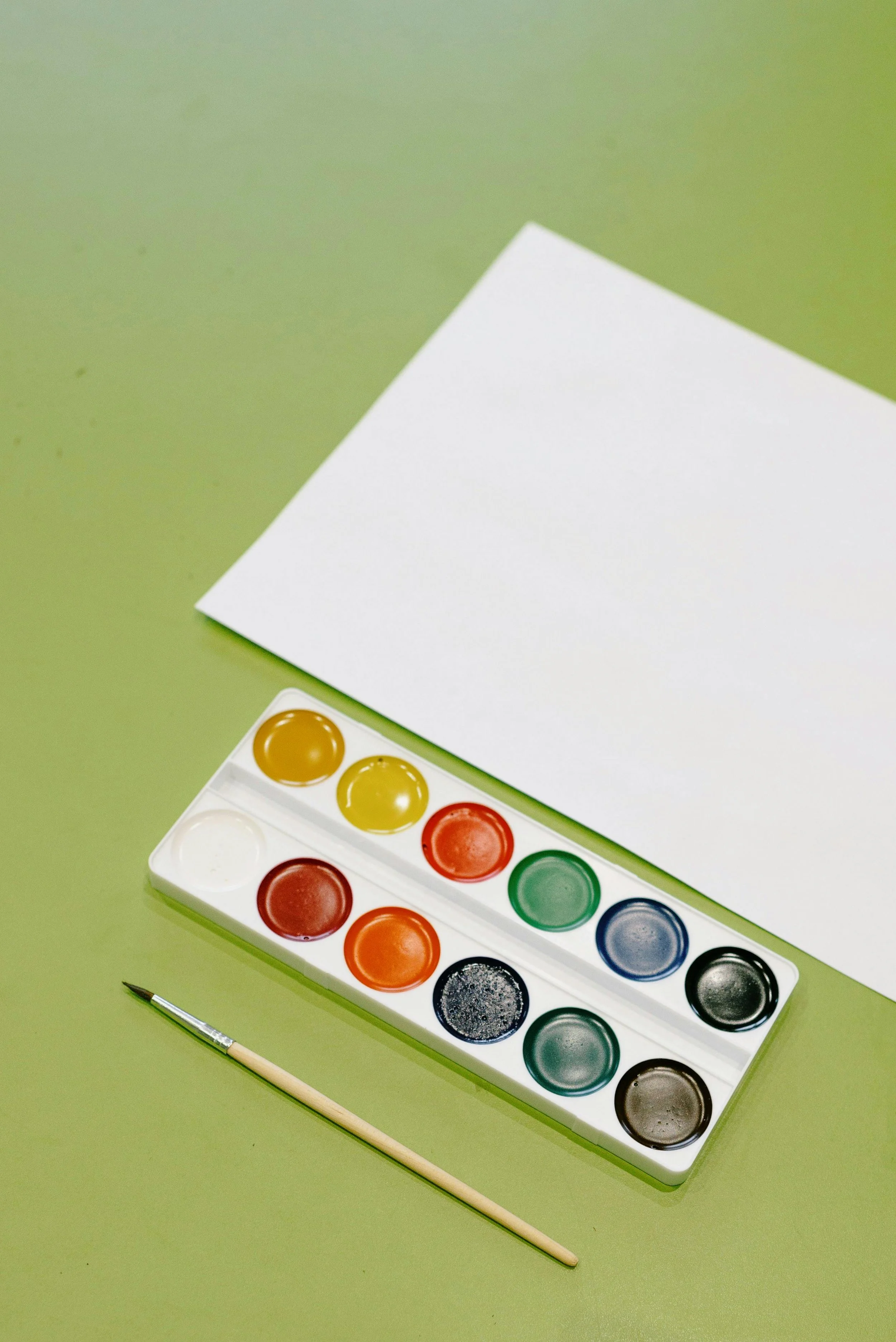 A set of watercolor paints in a white case with a paintbrush, a blank sheet of white paper, on a green surface.