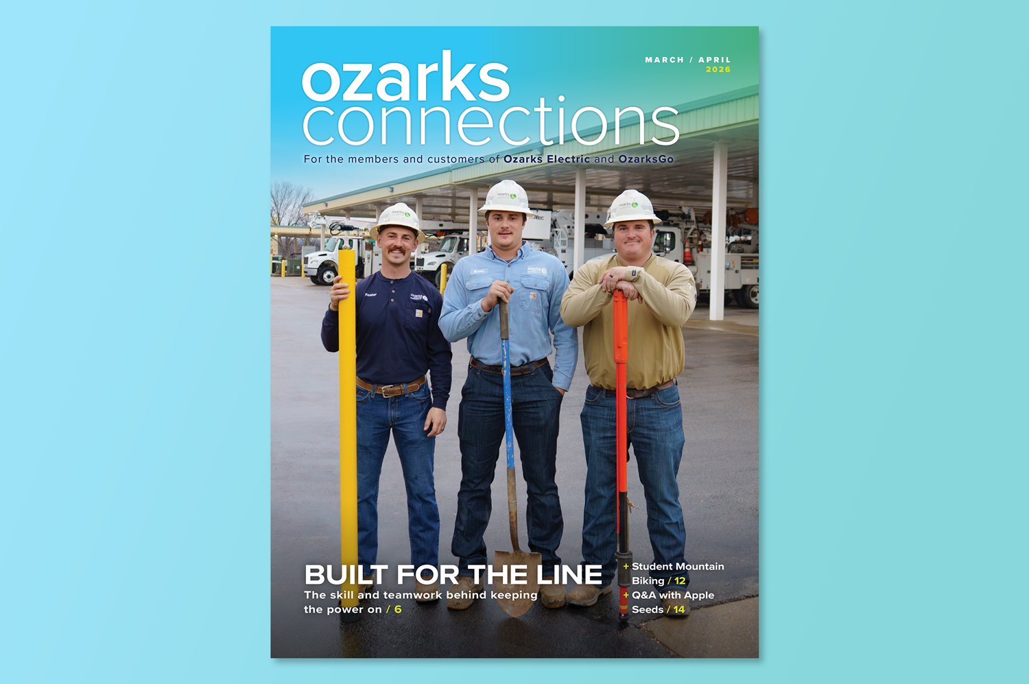 Cover of Ozarks Connections magazine, January/February 2026, with a scenic view of a green valley and hills, featuring power lines, and article titles about Ozark power history and local stories.