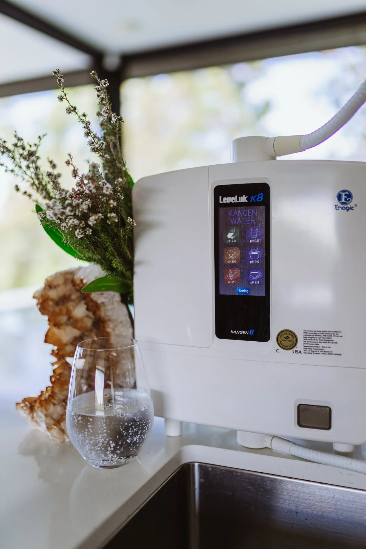 A water ionizer machine labeled 'Leveluk K8' with a digital display showing pH levels and water types. A glass of sparkling water is placed in front of the machine, and a decorative arrangement of flowers and natural material is behind it. The scene is set near a kitchen sink with a window in the background.