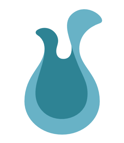 A teal and light blue stylized water droplet with a splash effect.