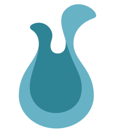 A blue stylized water droplet with a splash at the top, resembling a water theme or logo.