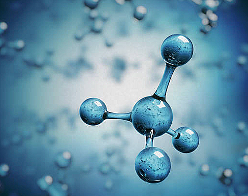 A 3D model of a water molecule with one oxygen atom and three hydrogen atoms in blue, shown against a blurred background of water molecules.