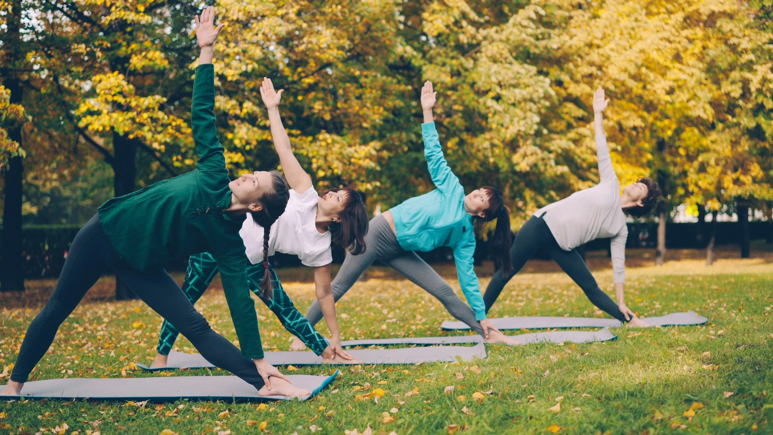 Quatre personnes faisant du yoga en plein air dans un parc, en position de triangle, sous des arbres aux feuilles d'automne.