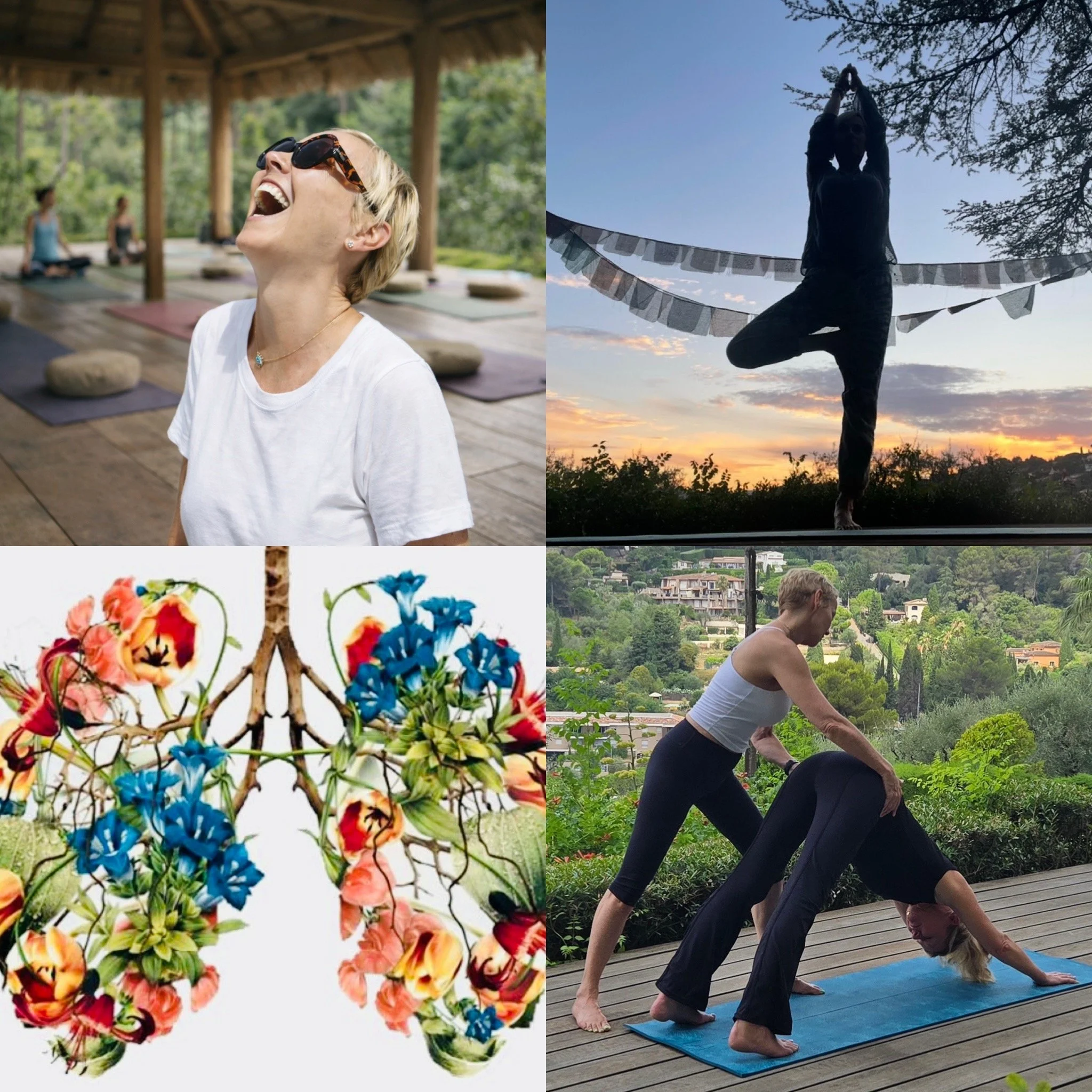Quatre images : une femme souriante lors d'une séance de yoga en intérieur, une personne pratiquant l'équilibre en extérieur au coucher du soleil, un collage de fleurs colorées, et deux femmes en train de faire du yoga sur un balcon avec vue sur un paysage verdoyant.