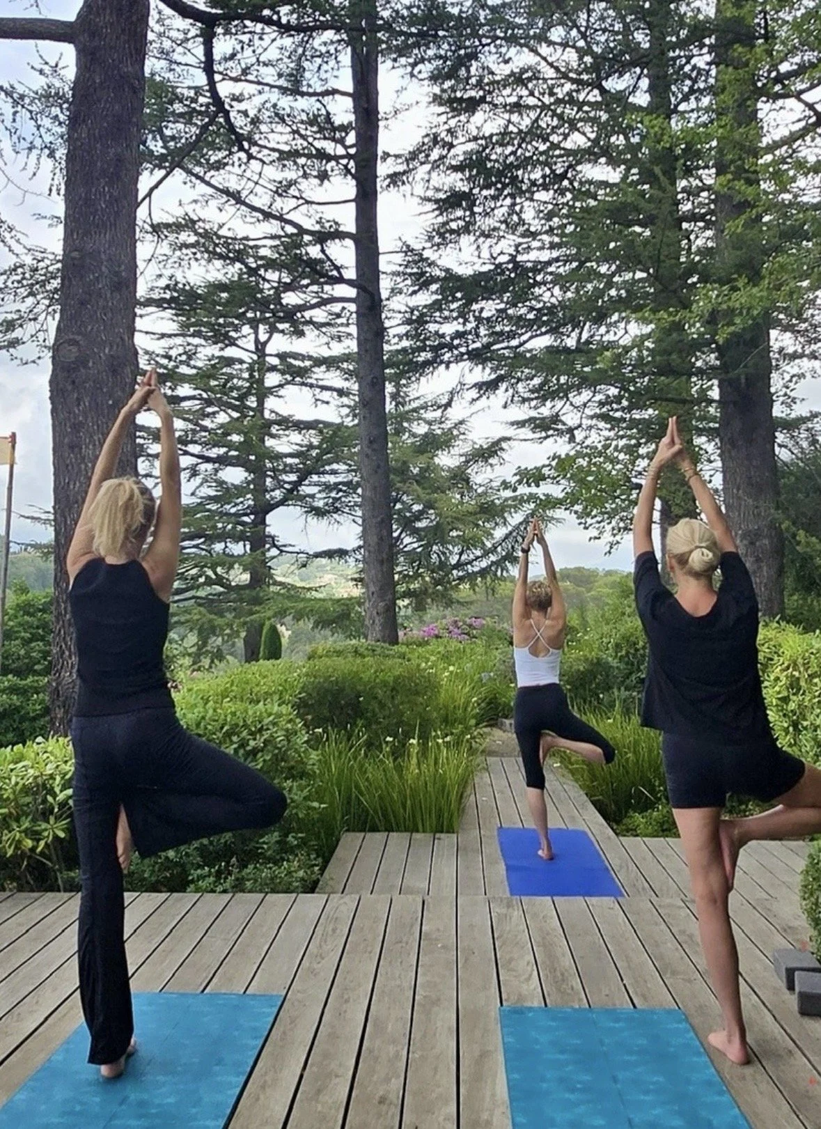 Trois femmes faisant du yoga sur une terrasse en bois entourée d'arbres feuillus, en position de yoga lors d'une séance en plein air.