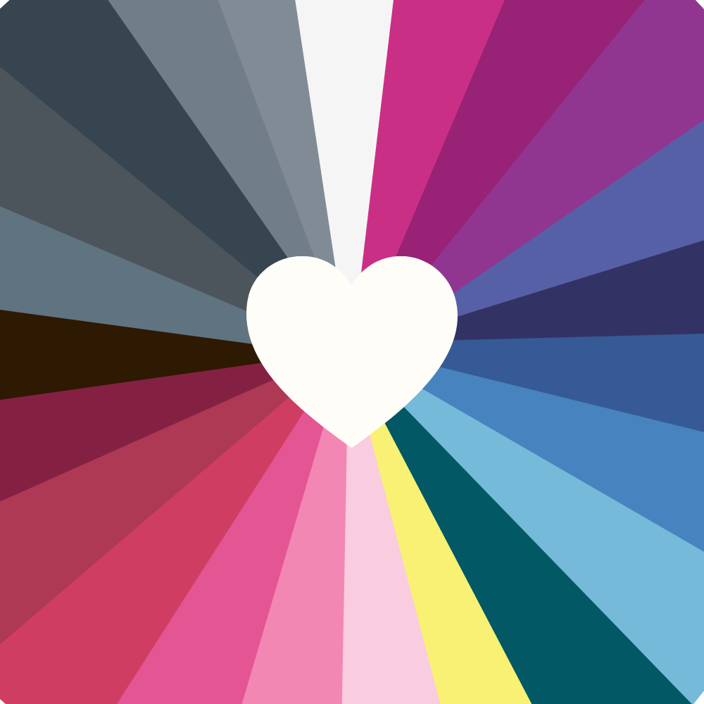 A multicolored rainbow background with a white heart in the center.