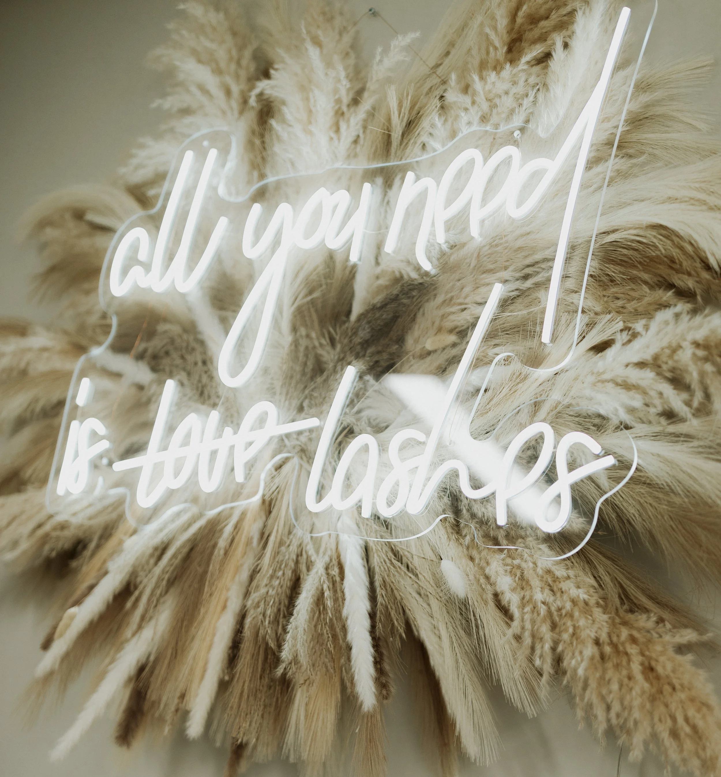 Decorative wall art with a neon sign saying 'all you need is love' overlaying a background of beige dried pampas grass