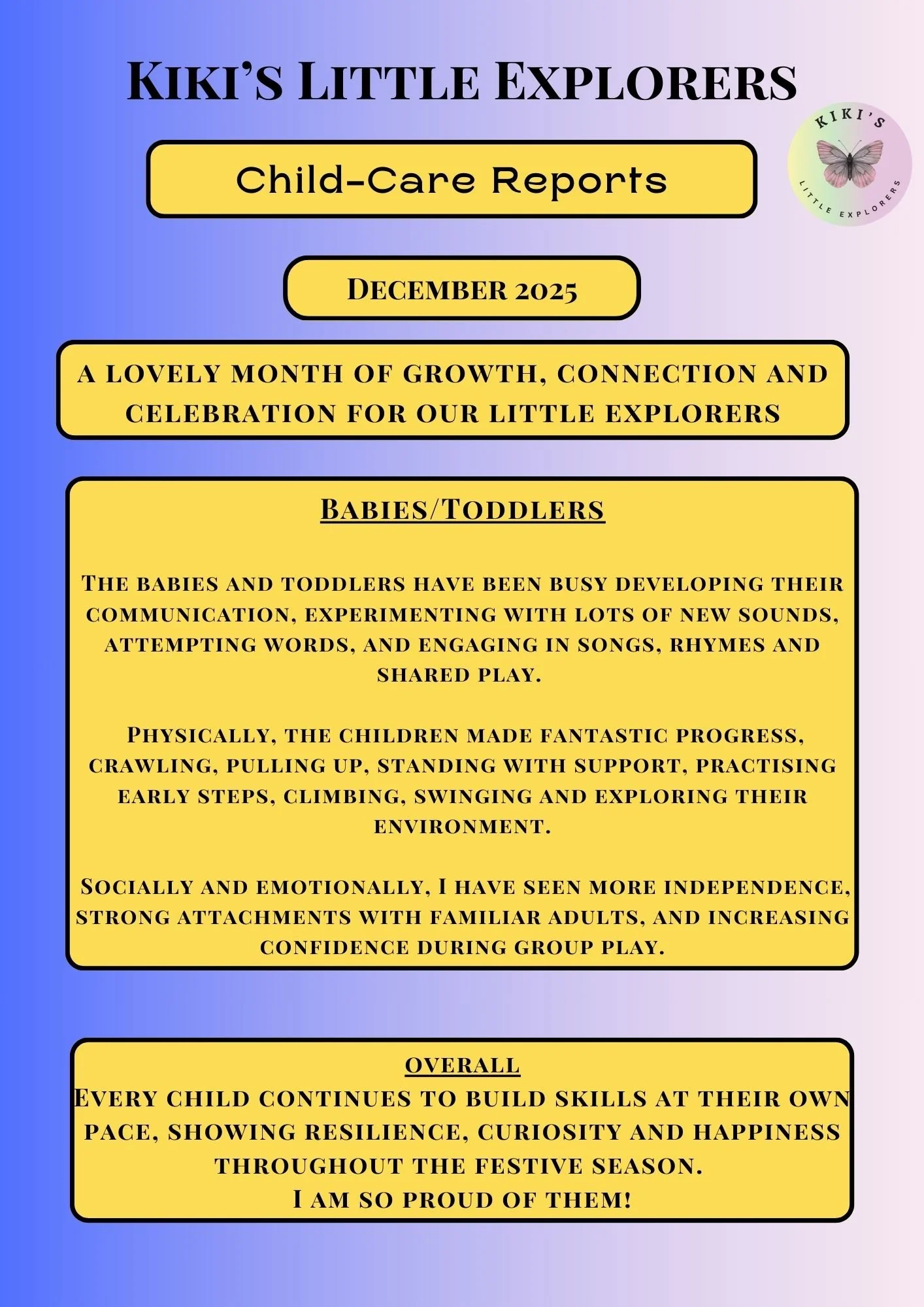 A colourful, informative childcare report from Kiki's Little Explorers in December 2025