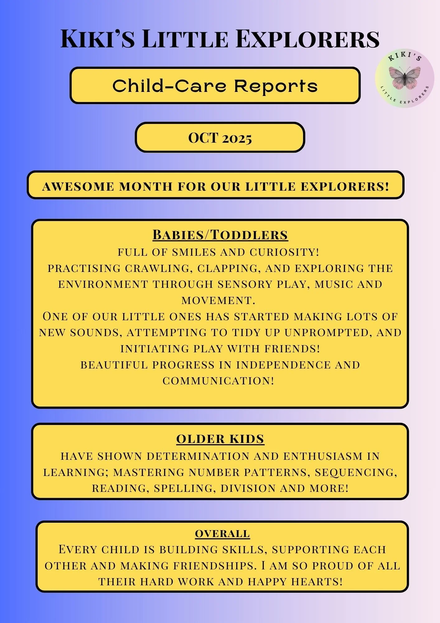 A colourful, informative childcare report from Kiki's Little Explorers in October 2025