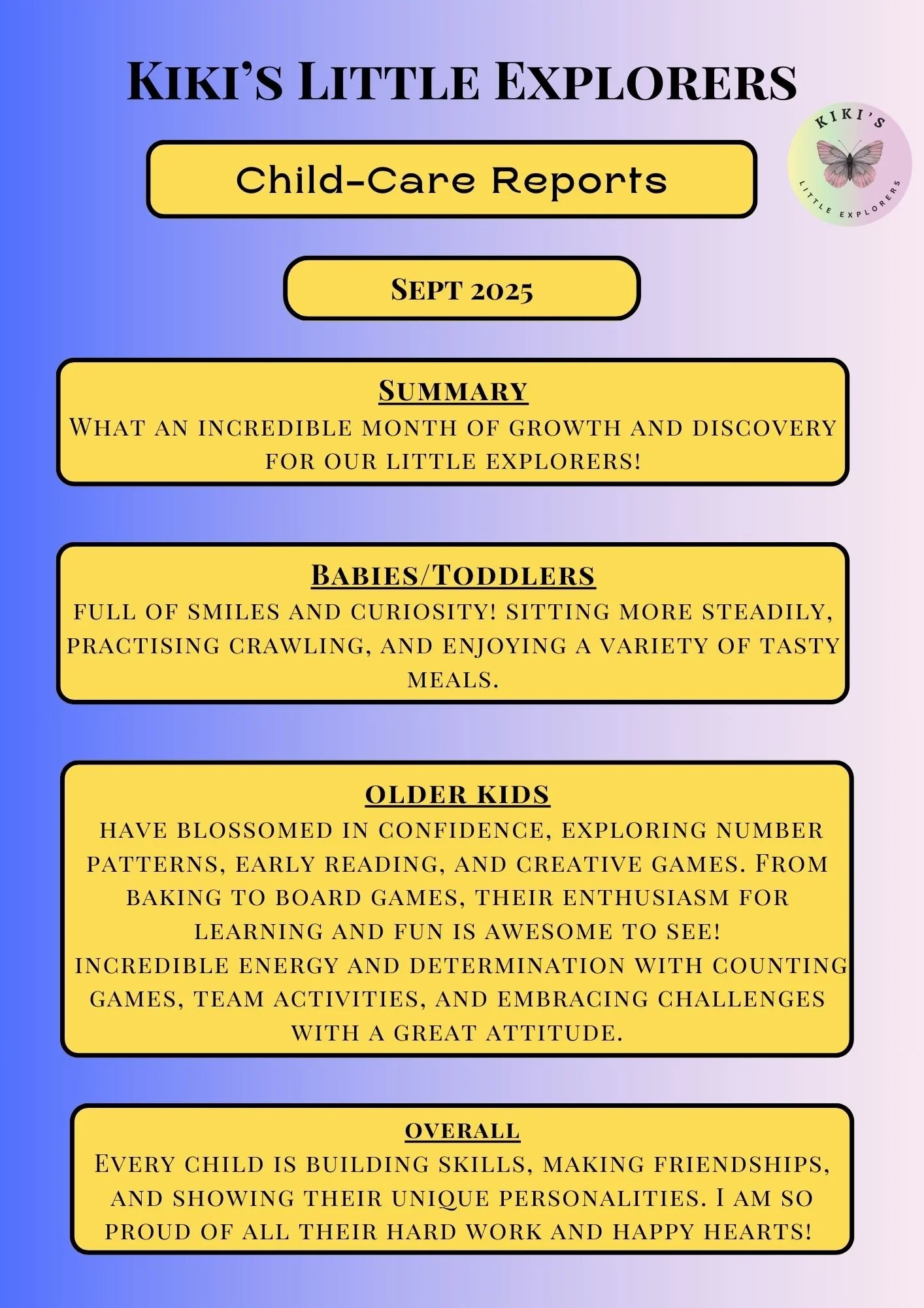 A colorful newsletter titled 'Kiki's Little Explorers' with sections about child-care reports for September 2025, including summaries for babies, toddlers, and older kids, highlighted in yellow boxes with black borders.