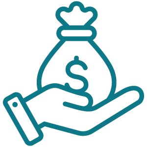 Outline of a hand holding a money bag with a dollar sign.