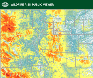 Wildfire risk map showing high risk areas in red, moderate in yellow, and low in green across a region with varied terrain.