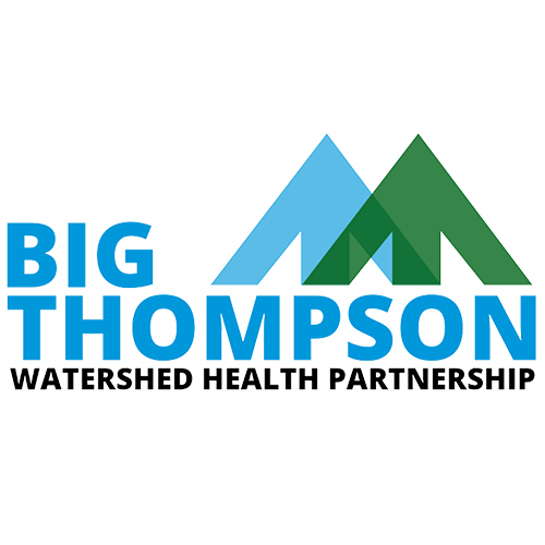Logo for Big Thompson Watershed Health Partnership featuring stylized mountain peaks in blue and green.