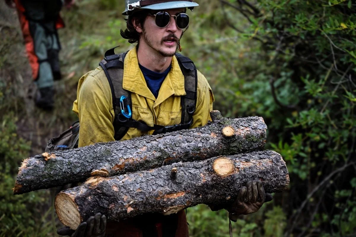 A man wearing a yellow jacket, sunglasses, and a helmet is carrying two logs through a wooded area.