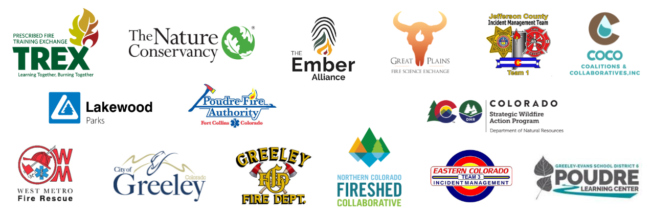 A collection of logos from various fire and conservation organizations in Colorado, including TREX, The Nature Conservancy, The Ember Alliance, Great Plains Fire Science Exchange, Jefferson County Incident Management Team, COCO Collaboratives, Lakewood Parks, Poudre Fire Authority, Colorado Department of Natural Resources, West Metro Fire Rescue, City of Greeley, Greeley Fire Department, Northern Colorado Fireshed Collaborative, Eastern Colorado Incident Management Team, and Poudre Learning Center.