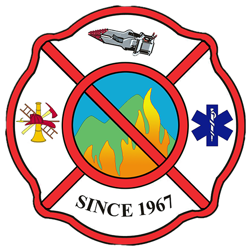 Fire department emblem with a no-fire symbol in a circle, a fire hose nozzle at the top, an ax and ladder on the left, an emergency medical symbol on the right, and the text 'Since 1967' at the bottom.