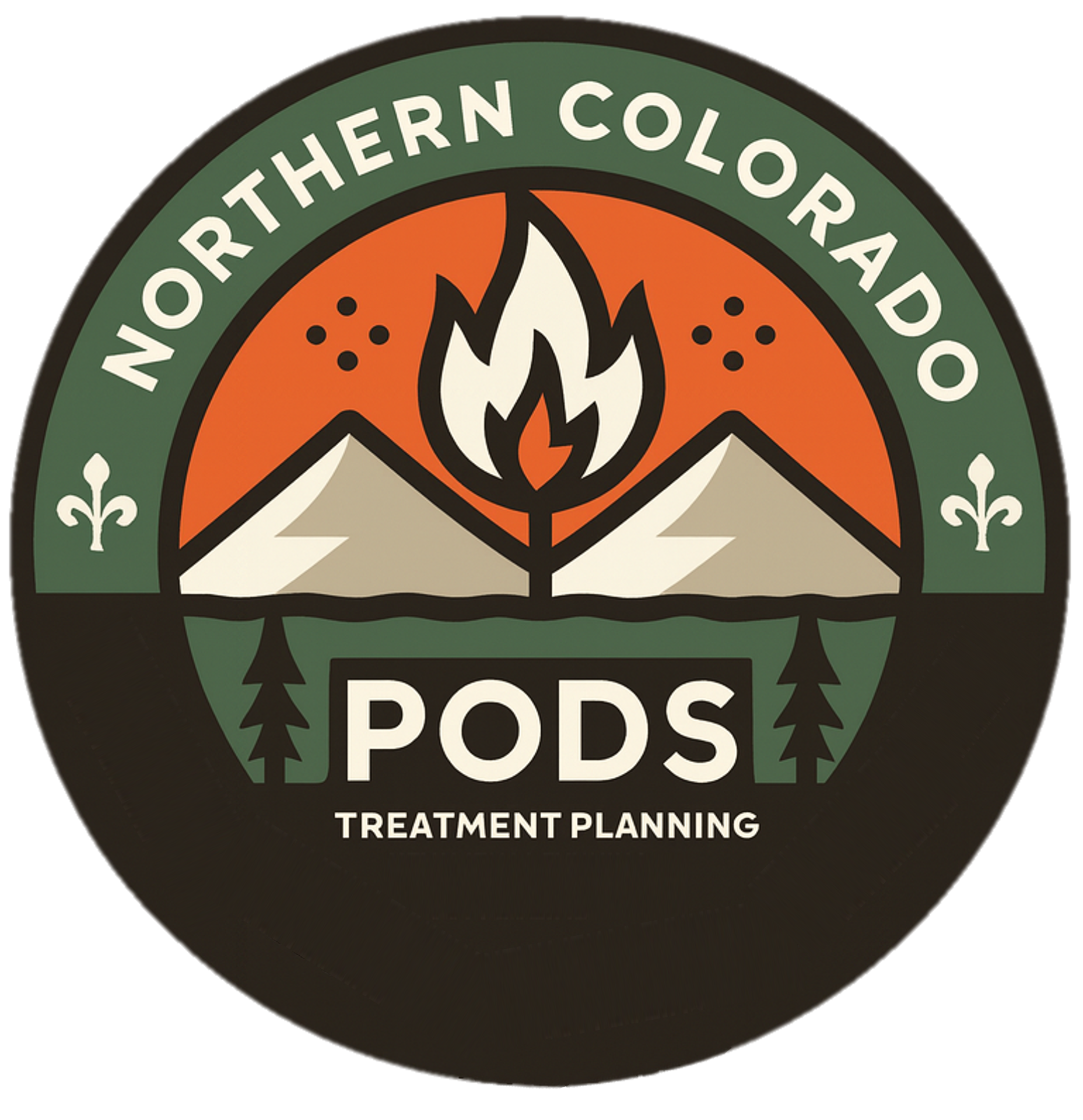 Logo of Northern Colorado Pops, a tre­atment plan­ning organization. The logo features an orange flame above a white mountain with green pine trees, encircled by a green ring with the organization's name and a few decorative elements.