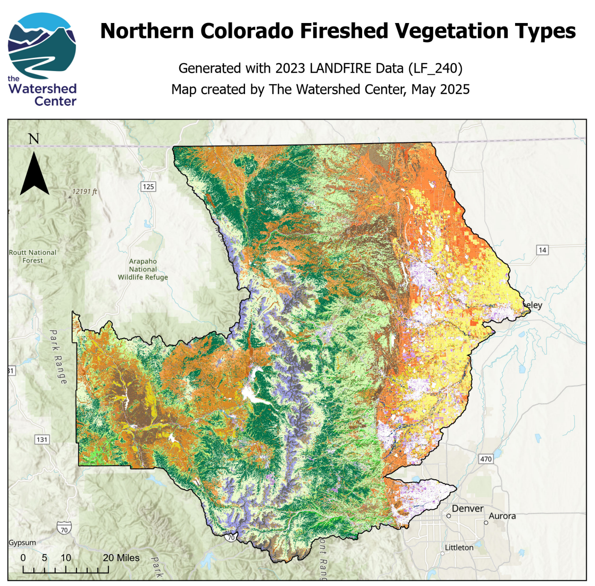 Map showing various types of fires in northern Colorado, with color-coded areas indicating different vegetation fire intensities or types, created with 2023 landfire data and map by The Watershed Center in May 2025.