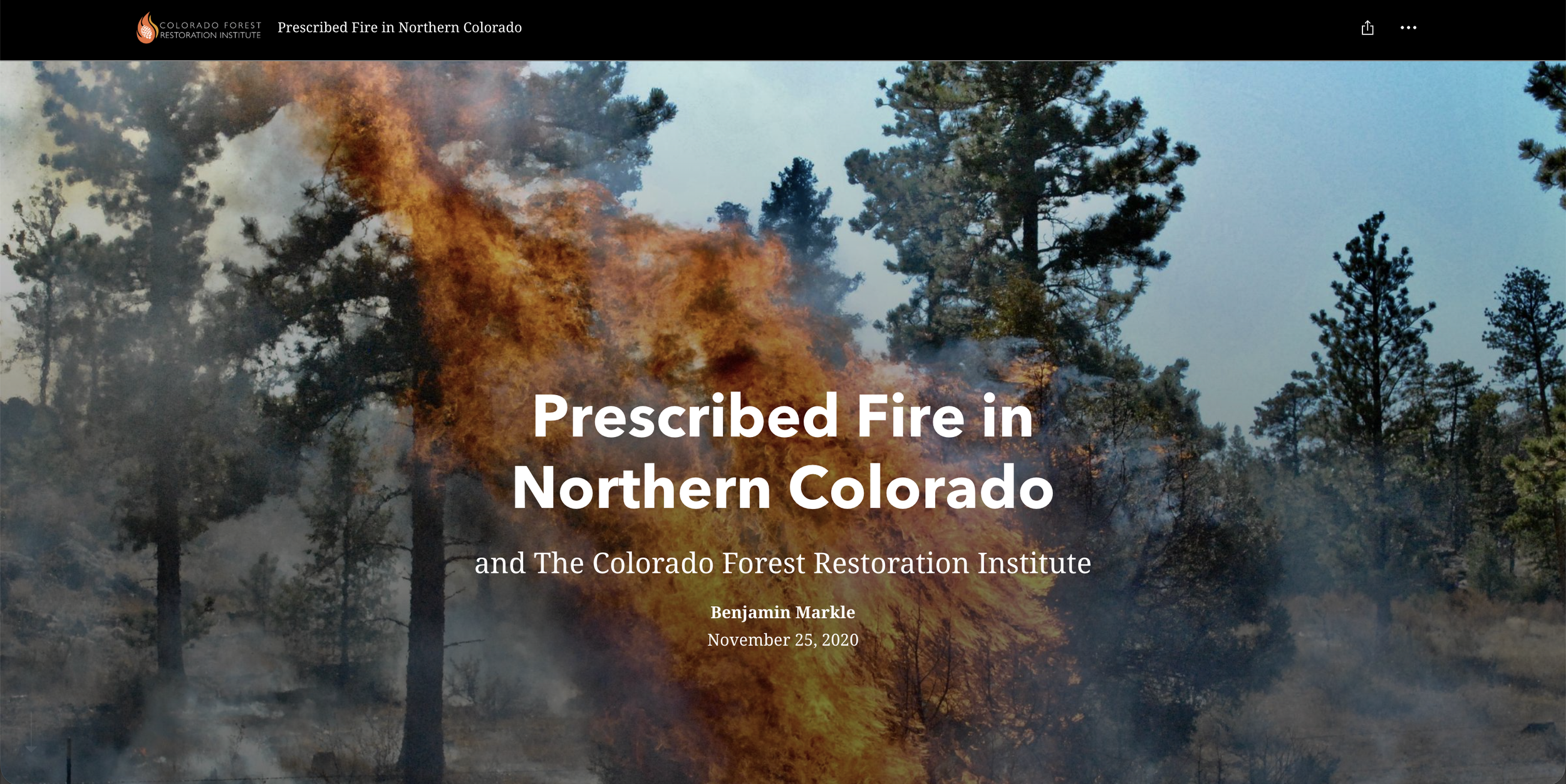 Cover photo of a wildfire burning through trees in northern Colorado, with smoke and flames visible against a blue sky.
