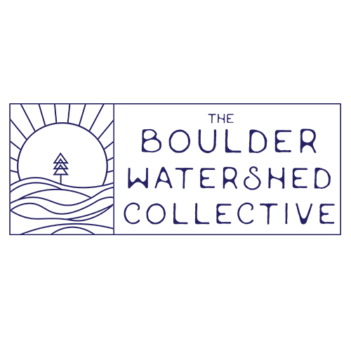 Logo for The Boulder Watershed Collective featuring a sun, a pine tree, and stylized water waves.