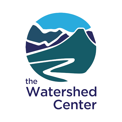Logo of the Watershed Center featuring a stylized river, mountain, and sky with the organization's name.