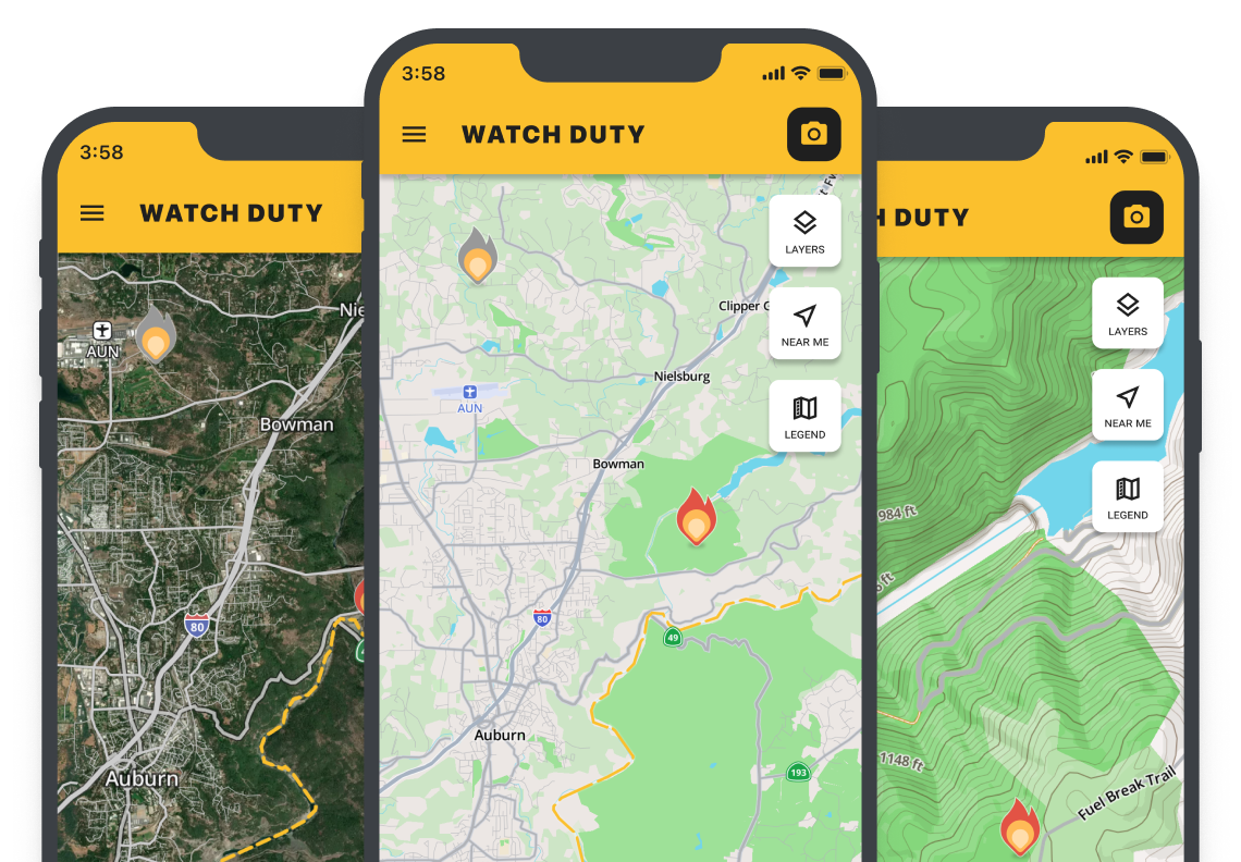 Screenshots of the 'Watch Duty' mobile app showing maps with drone activity markers. The app icons include layers, near me, and legend options.