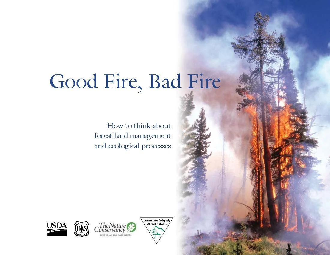 Cover page of a document titled 'Good Fire, Bad Fire' with a photograph of a forest fire on the right side and logos of USDA, USFS, The Nature Conservancy, and Forest Service Conservation on the left.