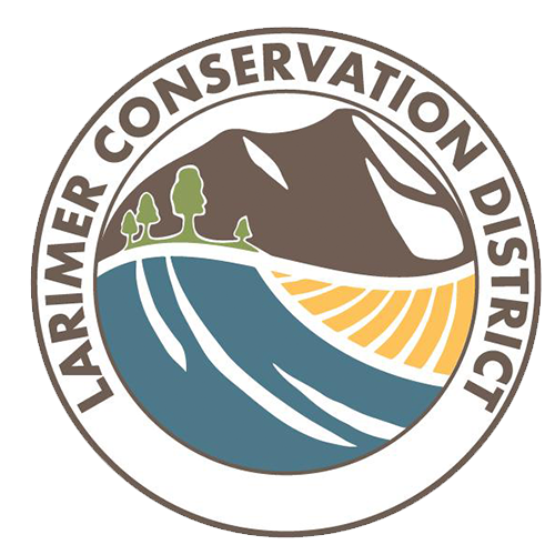 Logo of the Laramie Conservation District featuring a mountain, trees, field, and a river.