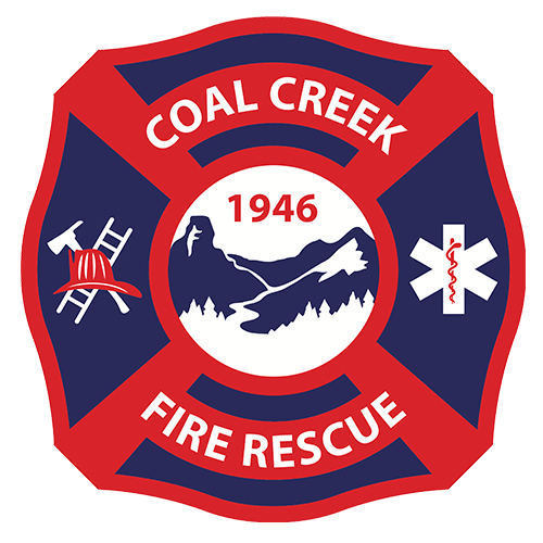 Coal Creek Fire Rescue emblem featuring mountains, a ladder and a medical symbol, with the year 1946.