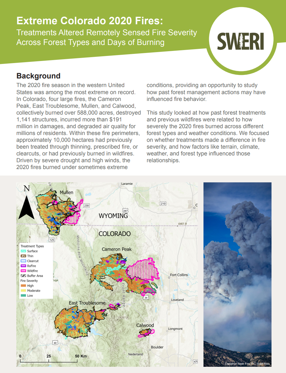 A publication titled 'Extreme Colorado 2020 Fires: Treatments Altered Remotely Sensed Fire Severity Across Forest Types and Days of Burning' featuring a map of Colorado showing fire treatment zones in different colors, a description of the 2020 Colorado wildfires, and a photograph of a wildfire plume against a cloudy sky.