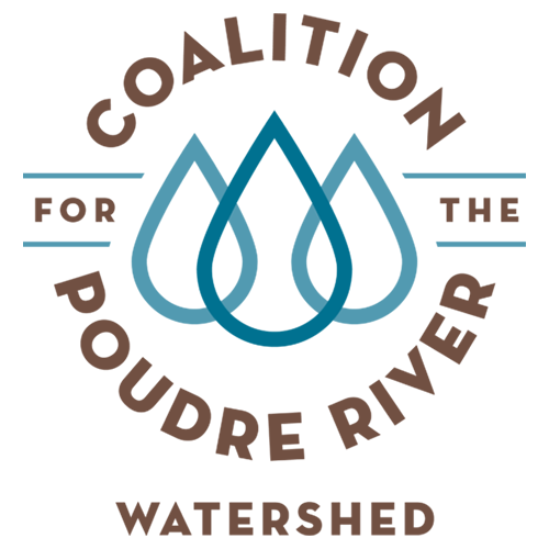 Logo for Coalition for the Poudre River Watershed featuring three blue water droplet symbols and brown text.