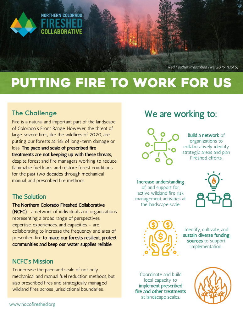 A poster promoting Northern Colorado Fireshed Collaborative efforts to manage wildfires, featuring a forest fire photo, logos, and information about fire challenges and solutions.