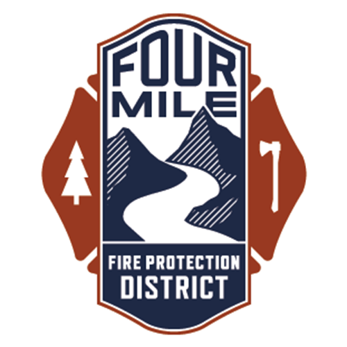 Logo of Four Mile Fire Protection District featuring mountains, a winding road, pine trees, and firefighting tools.