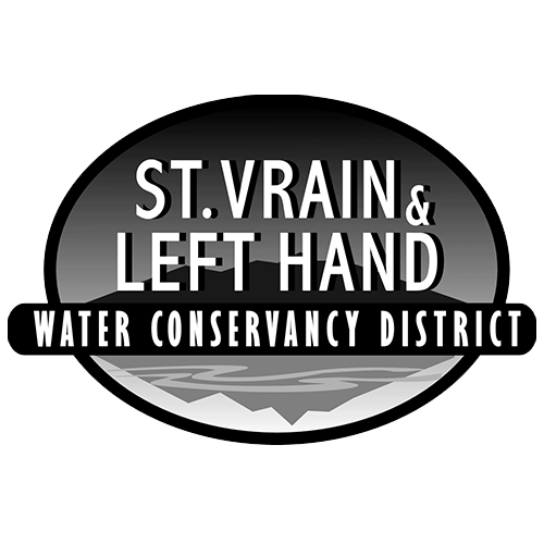 Logo for St. Vrain & Left Hand Water Conservancy District featuring an oval shape with a water scene background and bold text.