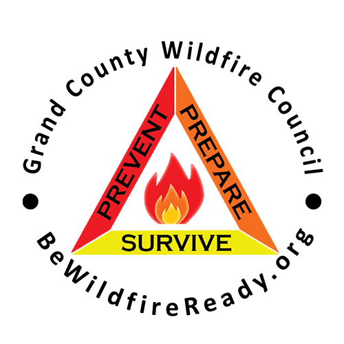 A triad of emergency preparedness tips with a central flame icon. The tips are PREVENT, PREPARE, and SURVIVE, arranged around the flame, emphasizing fire safety and emergency readiness.