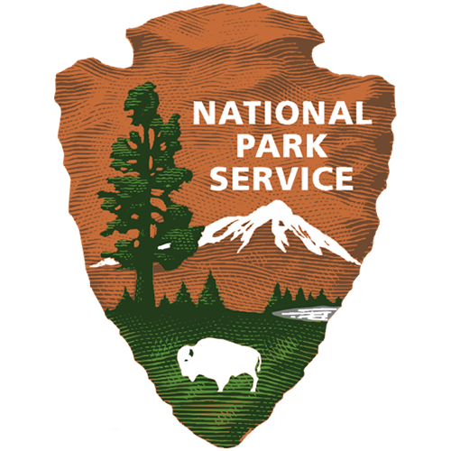 Logo of the National Park Service featuring a pine tree, a mountain, and a buffalo.