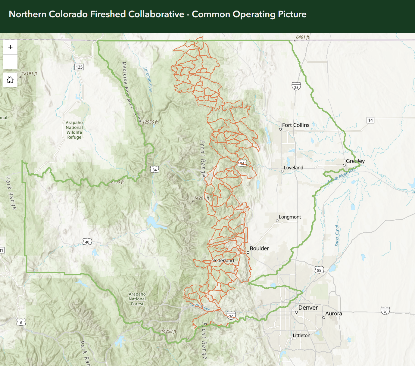 Map of northern Colorado showing the Fireshed Collaborative trail system in red, surrounding wilderness areas in green, and nearby cities including Fort Collins and Denver.