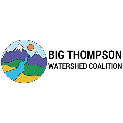 Logo with mountains, river, and sun for Big Thompson Watershed Coalition.
