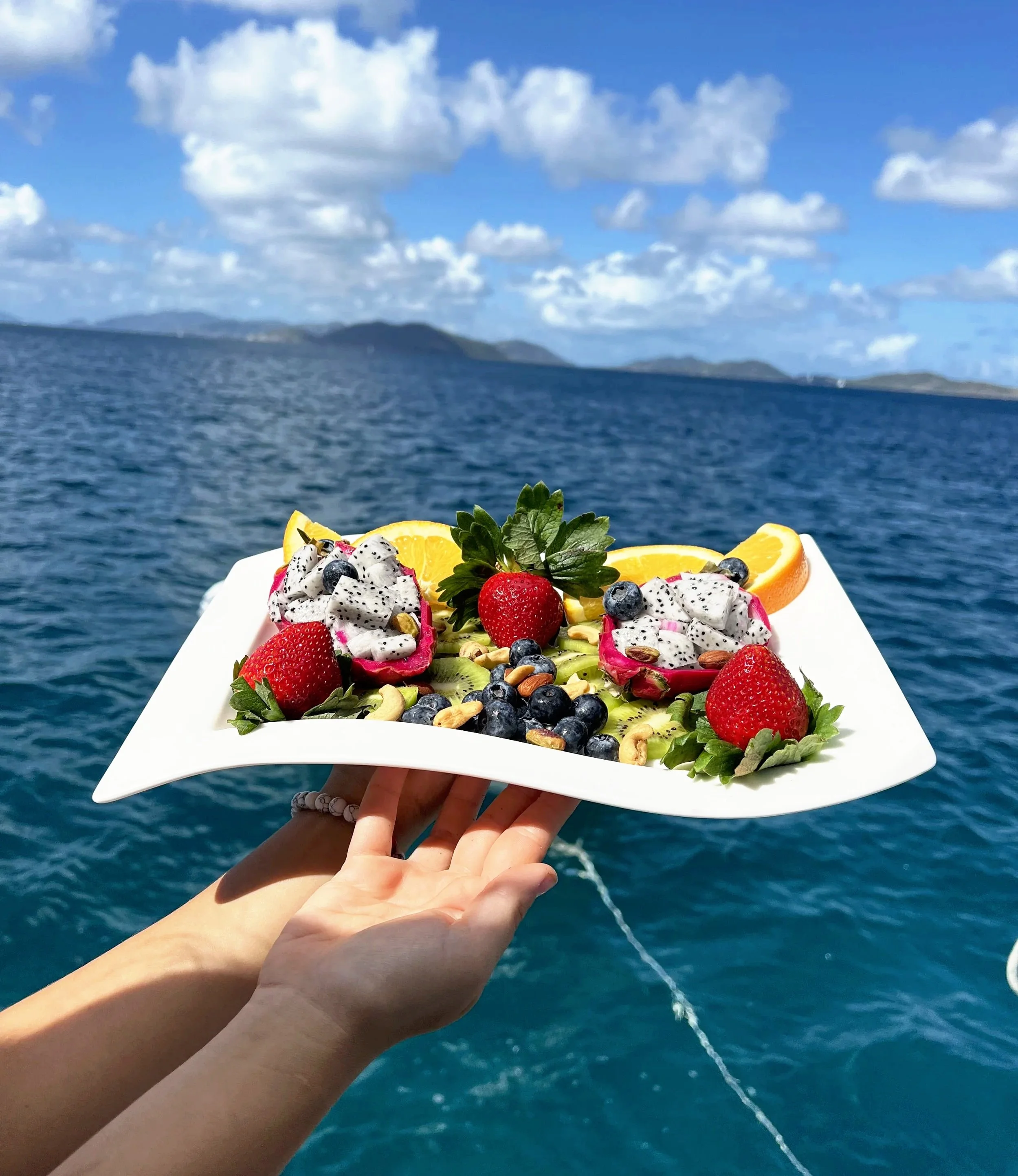 Person holding a plate of assorted fresh fruit on a boat with a body of water and mountains in the background.