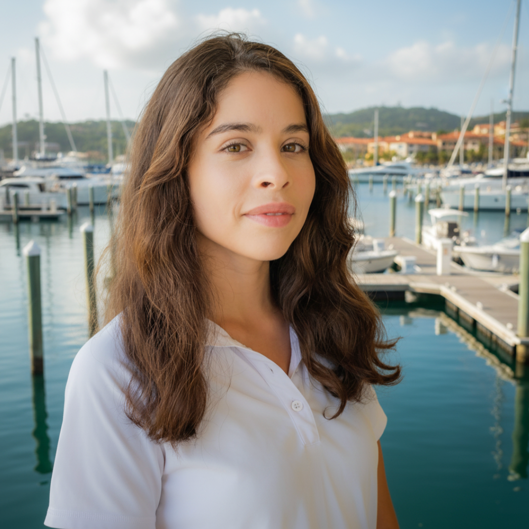 A young woman with brown, wavy hair standing at a marina with docked boats and a calm body of water in the background.