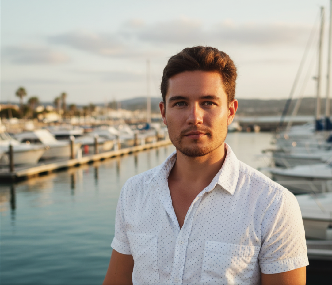 A young man with short brown hair, light skin, and a slight beard, standing at a marina with boats in the background during sunset.