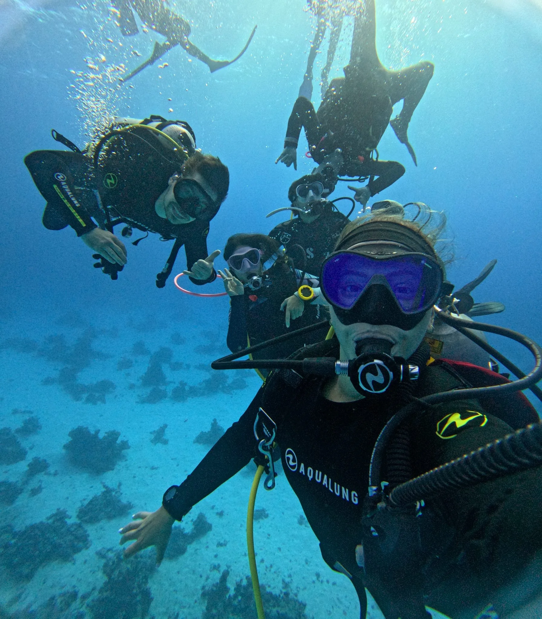 Group of five people scuba diving underwater, wearing diving gear and masks, with coral reef visible at the bottom.