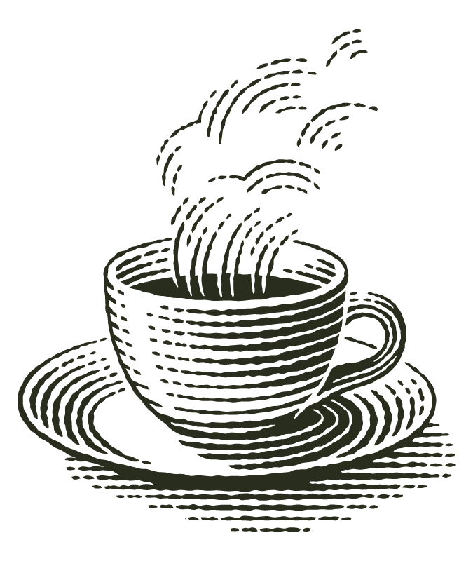 Line art illustration of a steaming cup of coffee on a saucer.