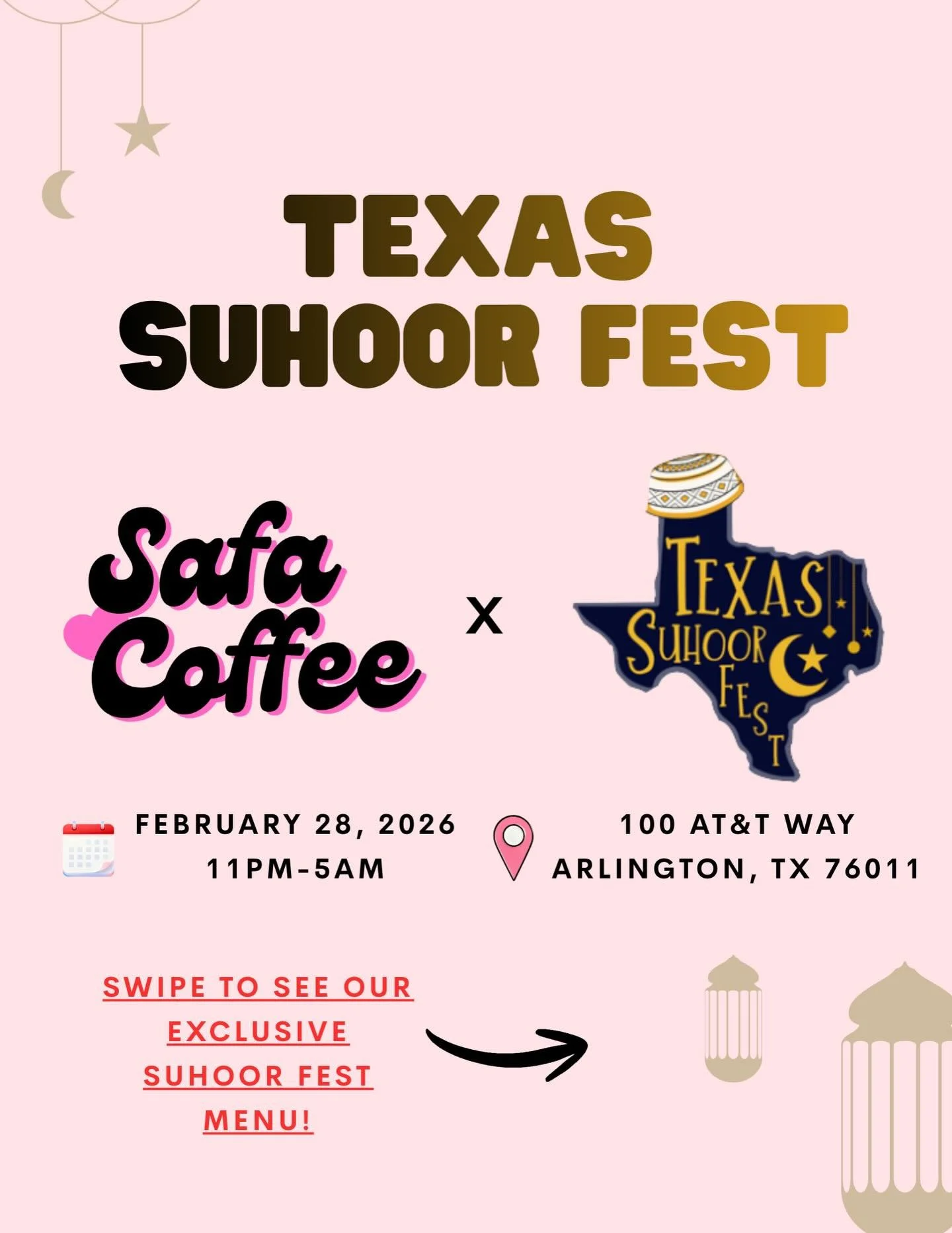 Come check out our exclusive suhoor fest menu at Texas Suhoor Fest tomorrow InshaAllah! 

Brought to you by @texassuhoorfest @halalpalate 

🗓️ February 28, 2026 @ 11PM
📍100 AT&amp;T Way Arlington, TX 76011

Which cold foam flavors are you getting? 