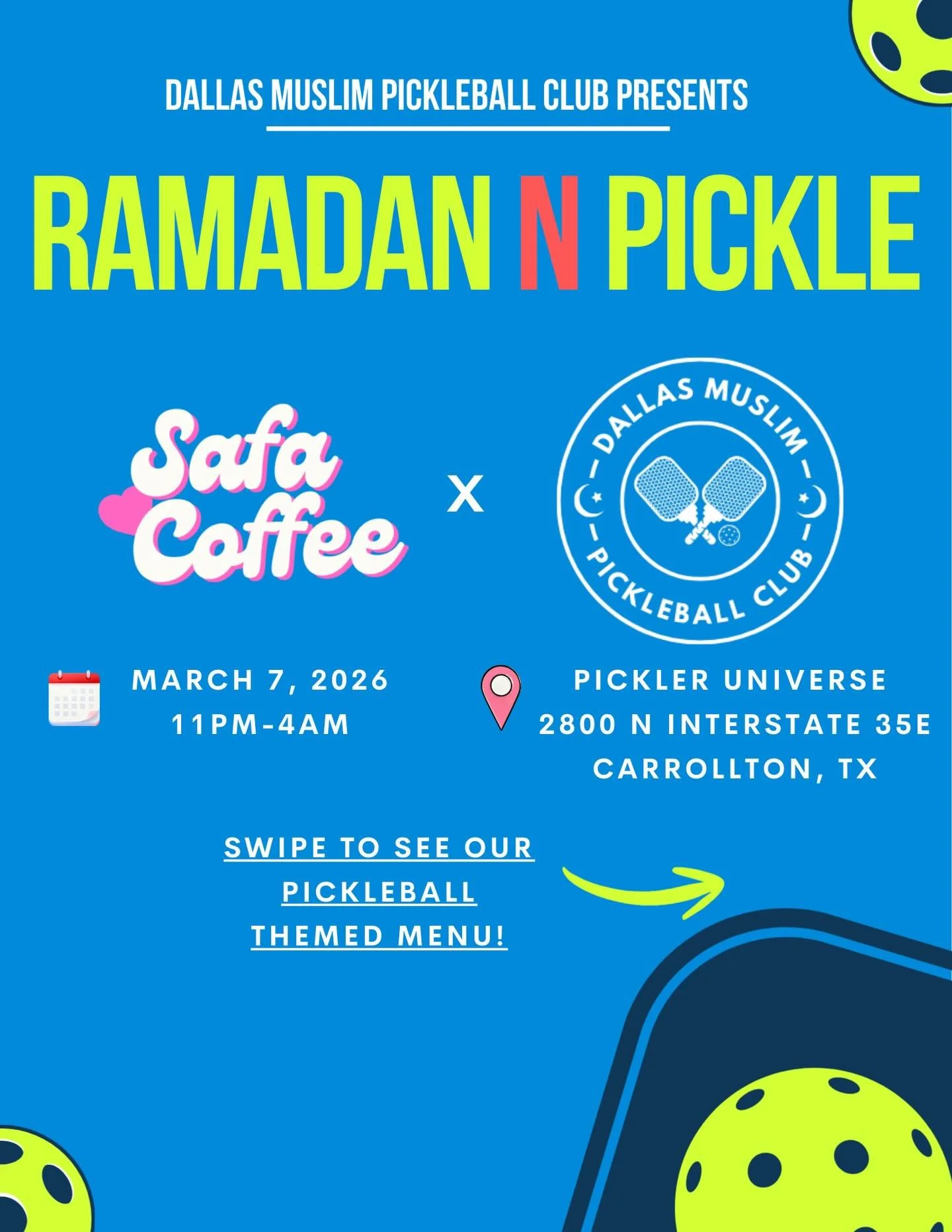 Join us tonight at Ramadan N Pickle InshaAllah 

Presented by @dallasmuslimpickleball and @humandevelopmentfund 

🗓️Tonight @ 11PM
📍Pickler Universe - Carrollton 

Swipe to see our pickleball themed menu&hellip;which are you getting? 👀