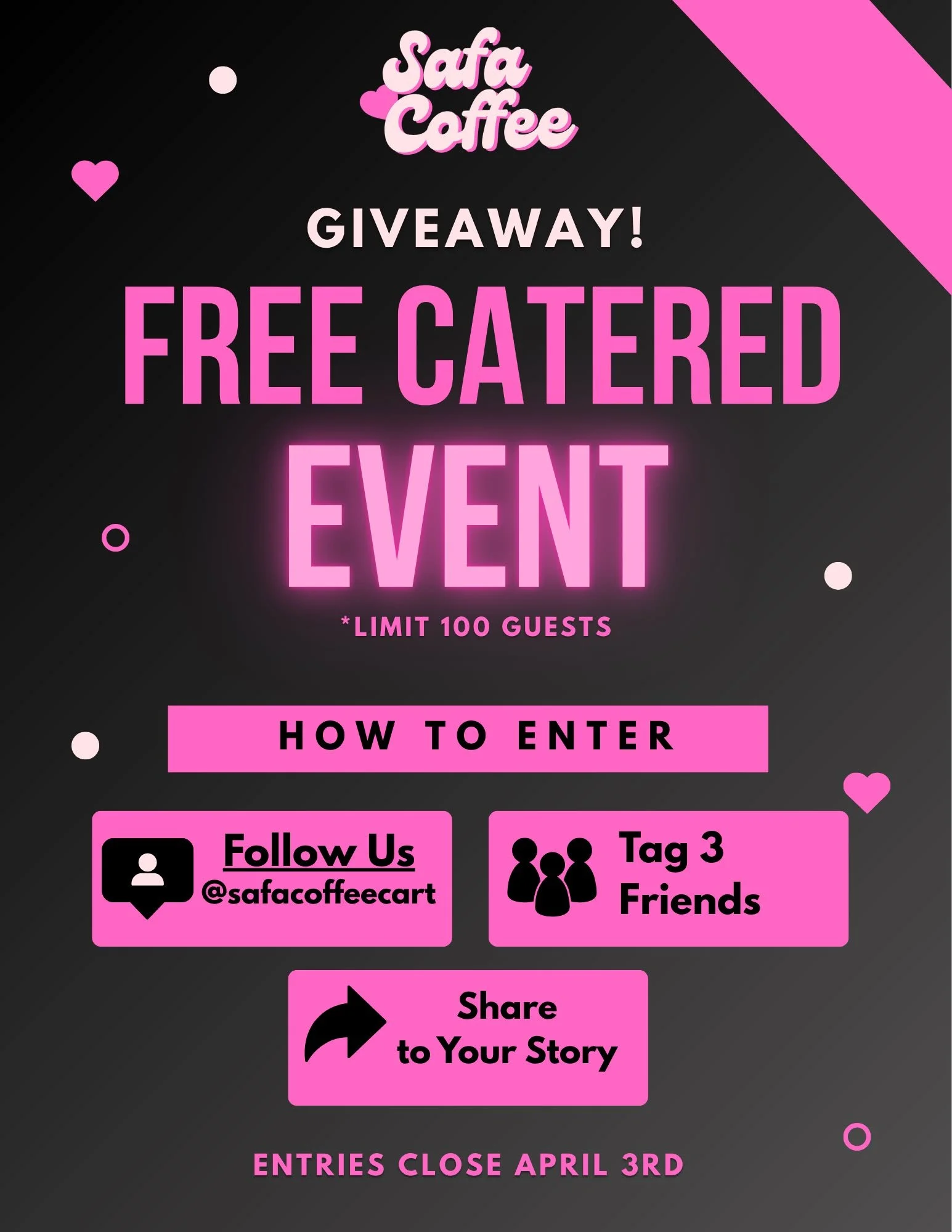 We're excited to announce a giveaway to one lucky winner ✨

One lucky winner will win barista service catered at their event FOR FREE ☕🏆
(DFW Only, Limited to 100 Guests)

Here's how to enter:
1. You must be following @safacoffeecart 
2. Comment and