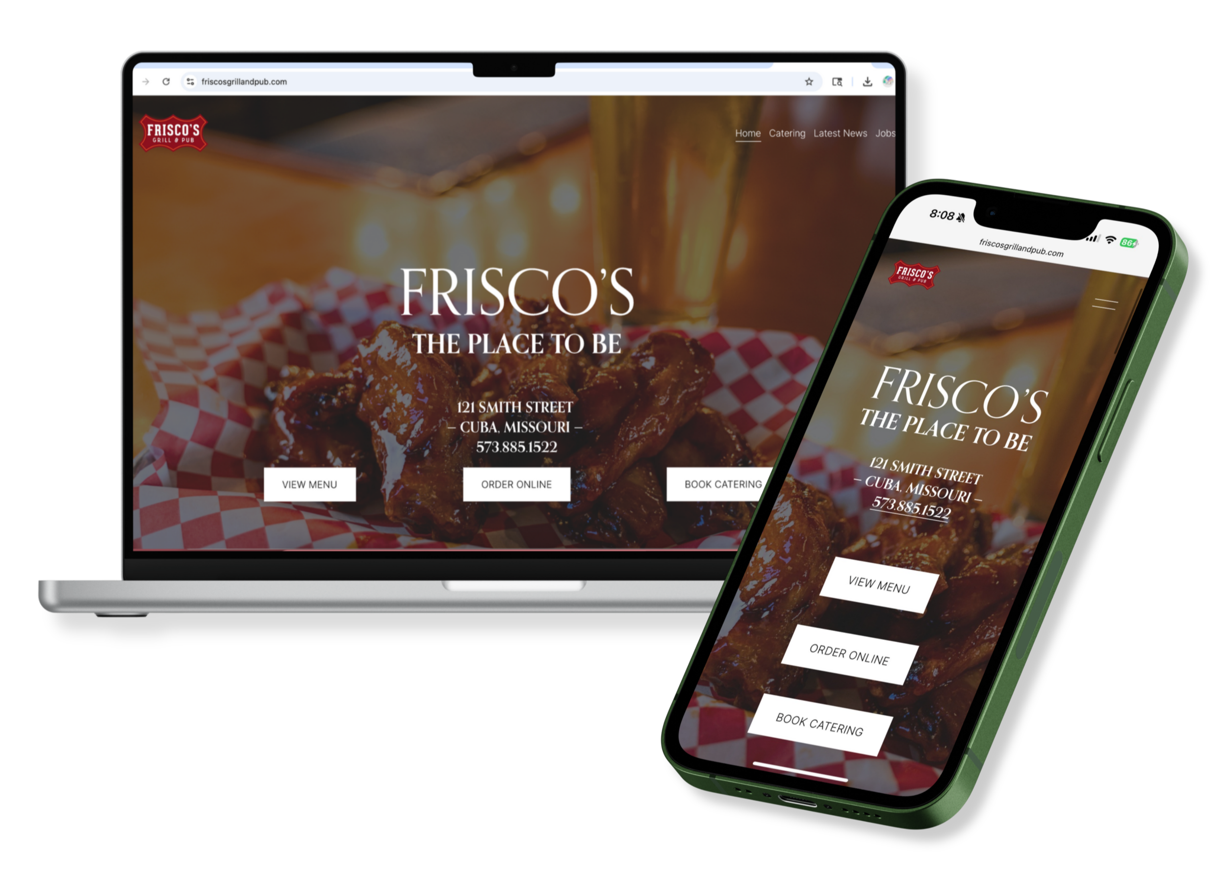 Computer and smartphone screens displaying Frisco's Grill & Pub website with a background picture of glazed chicken wings and text overlay showing the address in Cuba, Missouri, and menu options.