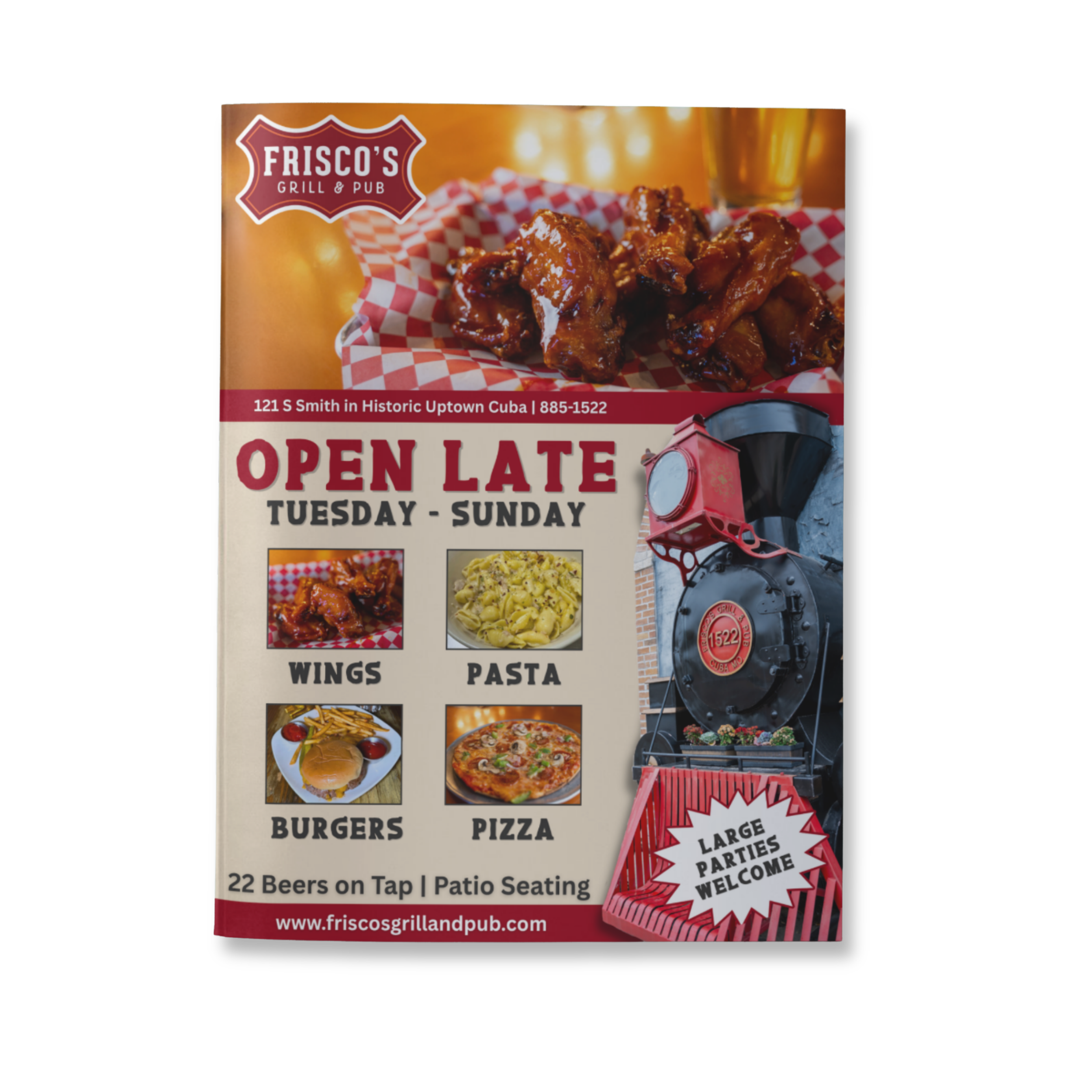 Flyer for Frisco's Grill & Pub advertising late-night hours Tuesday through Sunday, featuring wings, pasta, burgers, and pizza, with images of wings, pasta, burger, and pizza, and a picture of a steam engine train.